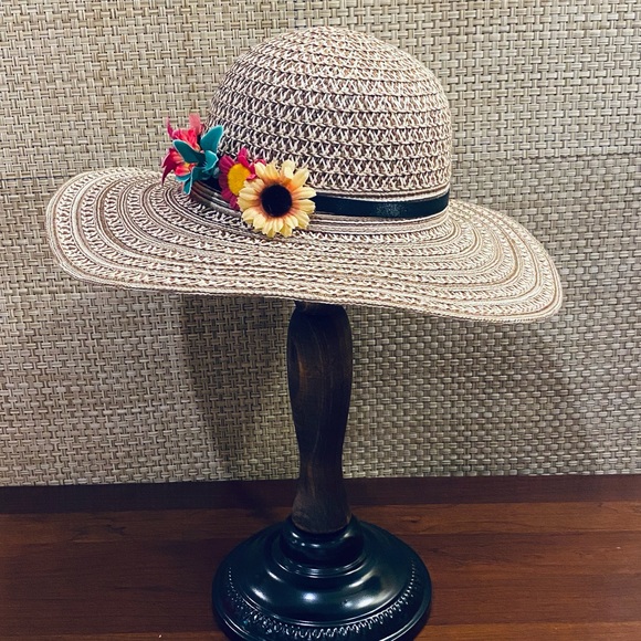 🌟2xHP🌟NWOT Marled Brown & Cream Floral Straw Hat - Picture 2 of 10